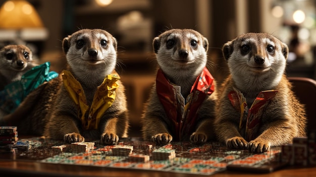 Photo meerkats having a game night with cards and board games