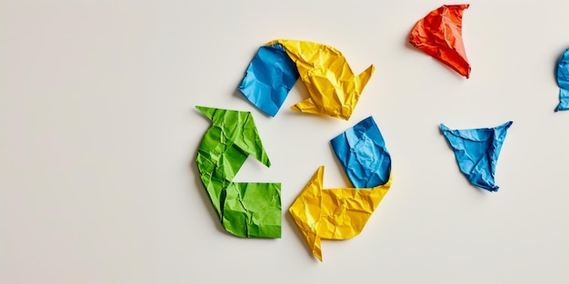 Meerkleurig gerimpeld papier vormt een recyclingsymbool dat het belang van duurzaamheid en afvalbeheer vertegenwoordigt