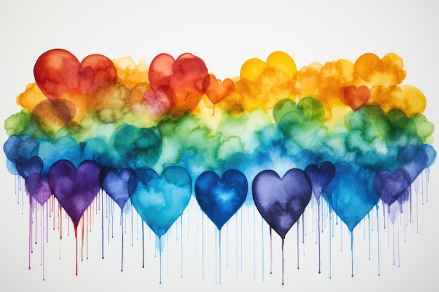 Foto meerkleurige aquarelle harten met splashes vlekken en vlekken van verf op een witte achtergrond