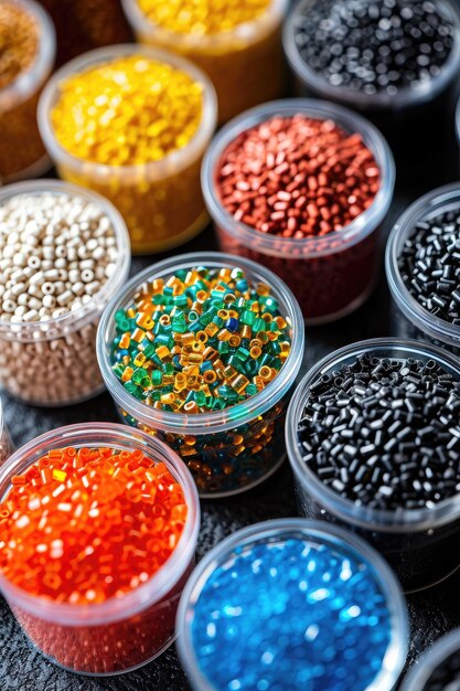 Foto meerkleurige cilindrische gerecycled plastic pellets gerangschikt naar kleur in een container