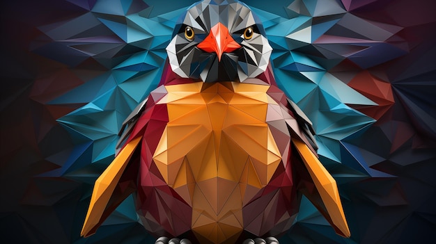 Meerkleurige geometrische illustratie van een pinguïn kleurrijke polygraphic op zwarte achtergrond