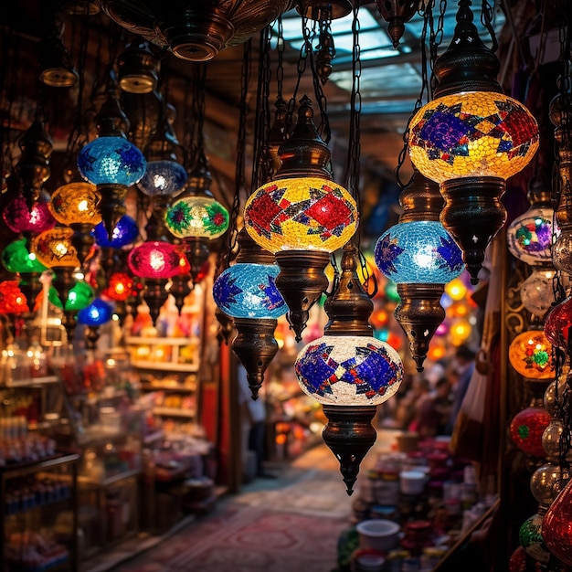 Meerkleurige lampen die aan de Grote Bazaar hangen