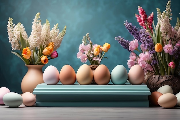 Meerkleurige paaseieren op de tafel met voorjaarsbloemen Paase banner met een ruimte voor tekst rustieke Paase achtergrond AI gegenereerd