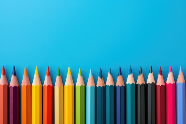 Meerkleurige potloden staan op een blauwe achtergrond in een rij met levendige tinten Generatieve AI