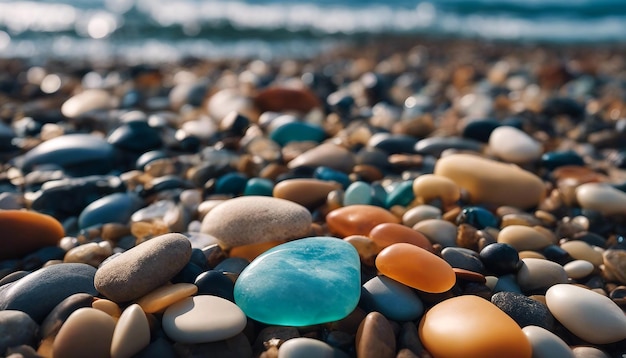 Foto meerkleurige stenen aan de kust gladde rotsen zee kiezels ai gegenereerd