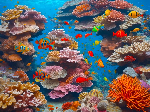 Meerkleurige vissen zwemmen in een levendig koraalrif gegenereerd door AI