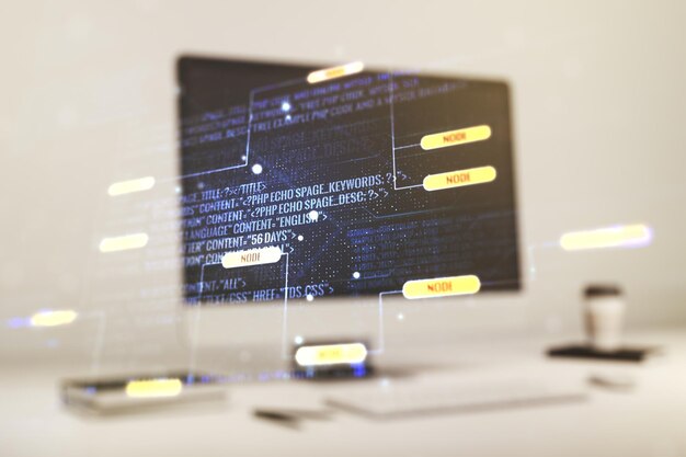 Meervoudige blootstelling van abstracte grafische coderingsschets op moderne computerachtergrond big data en netwerkconcept