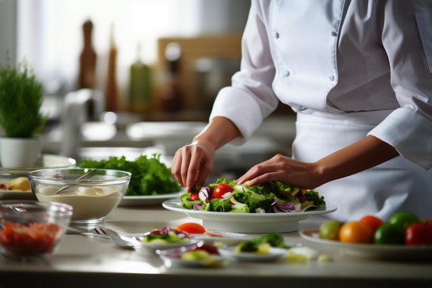 Foto meesterkok kok vrouw handen nauwkeurig koken dressing bereiden van smakelijke verse heerlijke