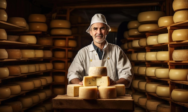 Meesterlijke kaasmaker evalueert vol vertrouwen kaas in een traditionele keuken AI-generatief