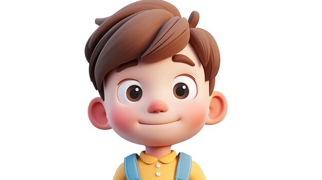 사랑스러운 3D 렌더링 된 만화 캐릭터를 만나십시오. 재는 미소와 표현력있는 눈을 가진 사랑스러운 어린이 소년은 은 색 배경에 고립되어 있습니다.