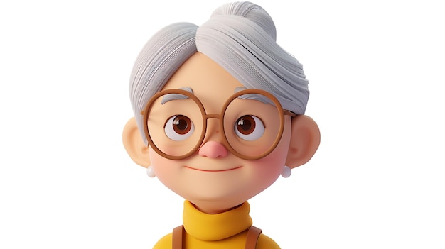 Photo meet agnes a charming and vibrant 3d rendered cartoon character of a cute senior woman with her twinkling eyes silver locks and warm smile agnes is the perfect representation of grace a
