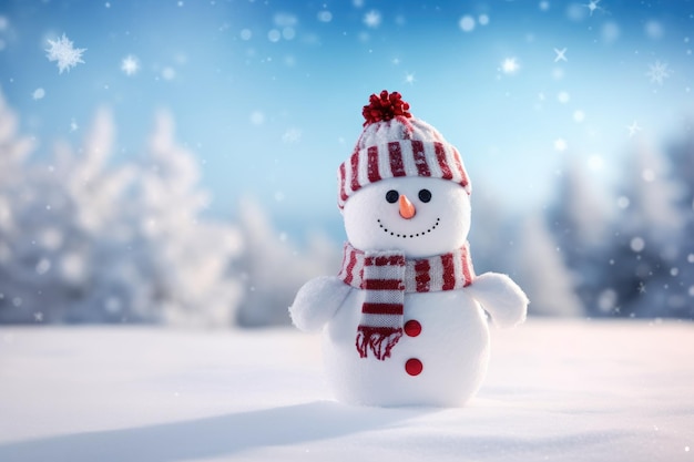 Meet a snowman adorned in a red hat and scarf against the backdrop of snowcovered mountains This b