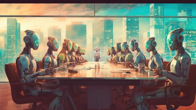 Photo a meeting of ai robots in the conference room