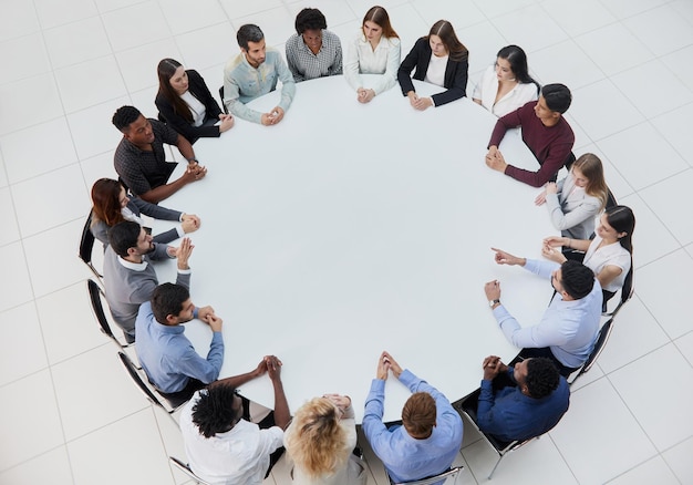 Photo meeting or conference business meeting discussion view from above