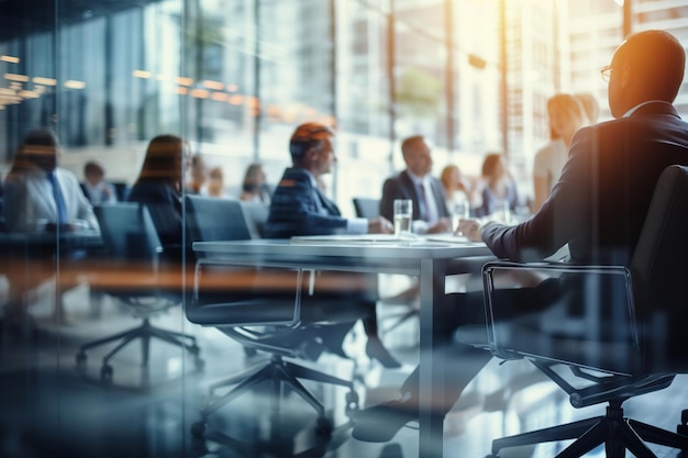 Meeting of employees in an office with glass partitions