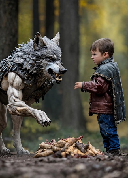 Meeting of a good and bad wolf ready to fight where the good wolf is armored and the bad one is not