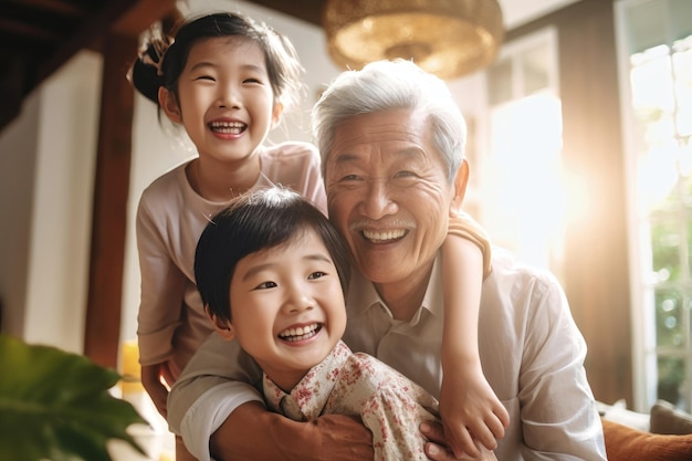 Meeting of grandfather and grandchildren An elderly Asian man and his grandchildren are happy together They hug and rejoice at meeting each other Caring for the elderly Children visit old people
