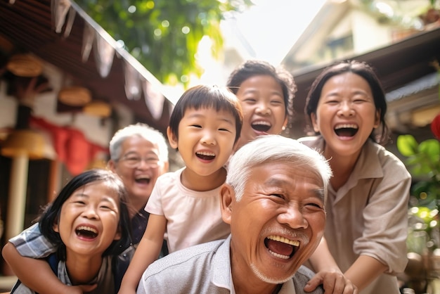 Photo meeting of grandfather and grandchildren an elderly asian man and his grandchildren are happy together they hug and rejoice at meeting each other caring for the elderly children visit old people