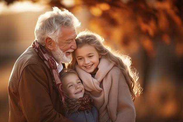 Meeting of grandfather and grandchildren An elderly man and his grandchildren are happy together They hug and rejoice at meeting each other Caring for the elderly Children visit old people