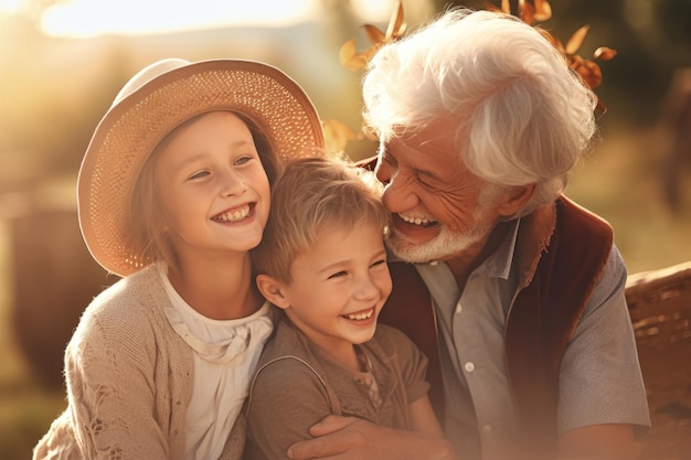 Meeting of grandfather and grandchildren An elderly man and his grandchildren are happy together They hug and rejoice at meeting each other Caring for the elderly Children visit old people