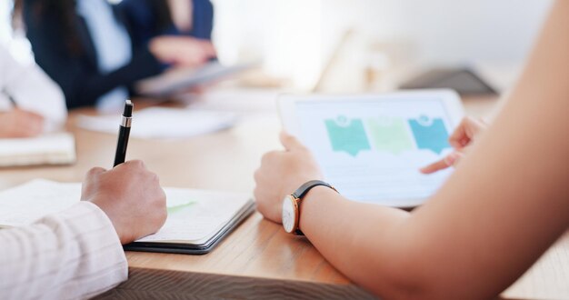 Photo meeting hands and tablet with a business team writing notes while planning in the boardroom data finance and strategy with an employee working in collaboration at the office for growth or success