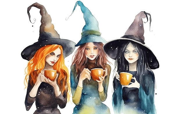 meeting of little witches drinking coffee on transparent background