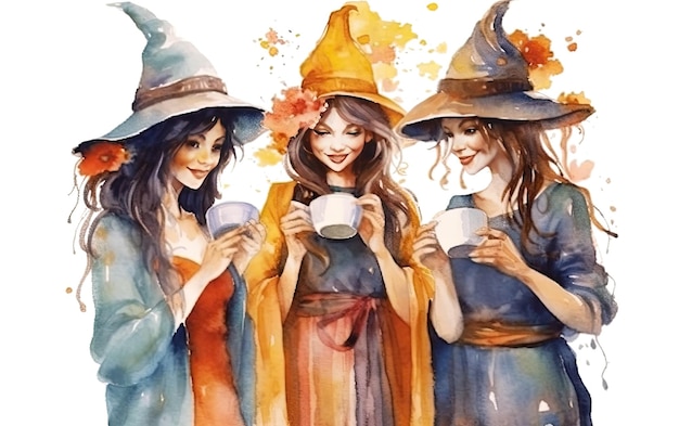 투명한 배경에서 커피를 마시는 작은 마녀들의 모임