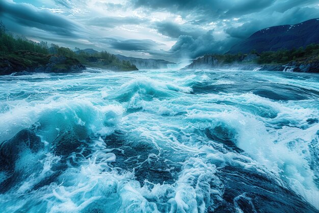 ノルウェーのサルトストラウメンで川と海の波が出会う