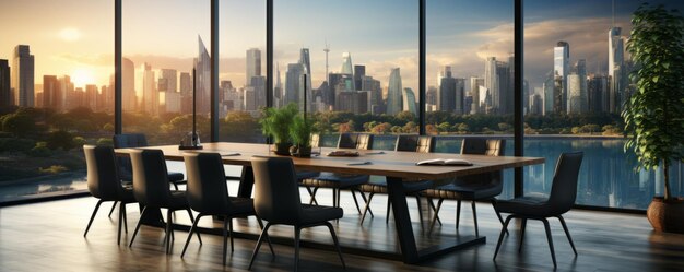 meeting room interior with empty place on wall furniture and window with city view