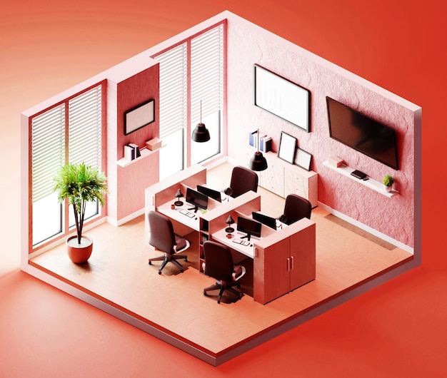 Meeting room interior with laptop isometric composition 3d\
illustration