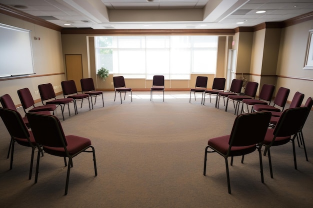 Premium AI Image Meeting Room Setup With Empty Chairs In Circle premium-ai-image-meeting-room-setup-with-empty-chairs-in-circle