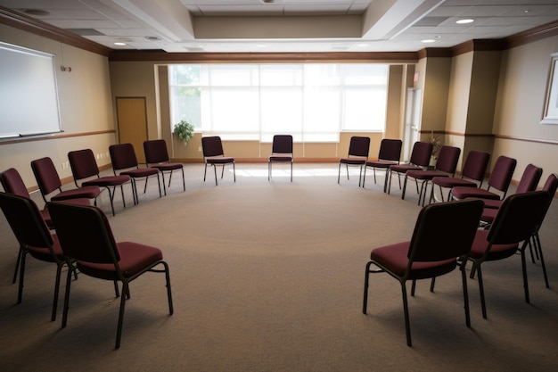 Meeting room setup with empty chairs in circle