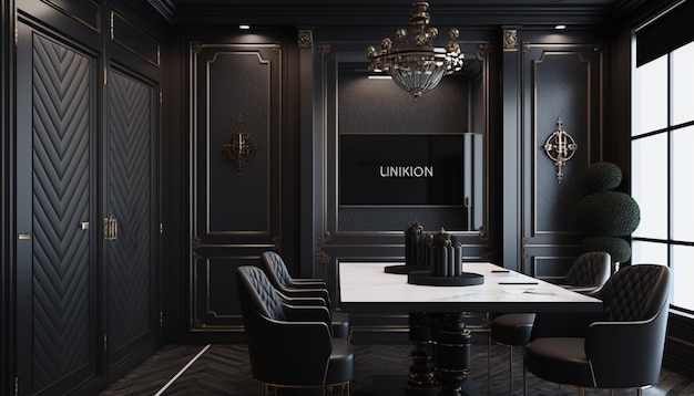 A meeting room with a black table and chairs and a tv that says'unon'on it