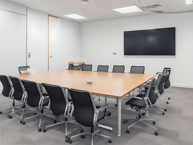 A meeting room with chairs and a large board on the wall generated by ai