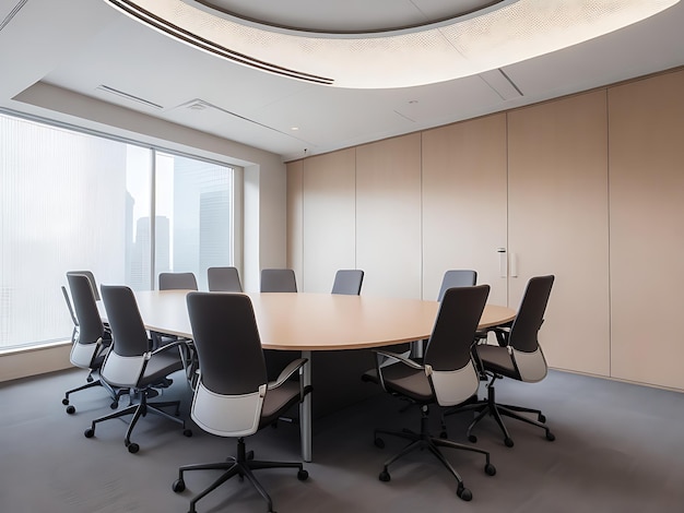 A meeting room with chairs and a large board on the wall generated by ai