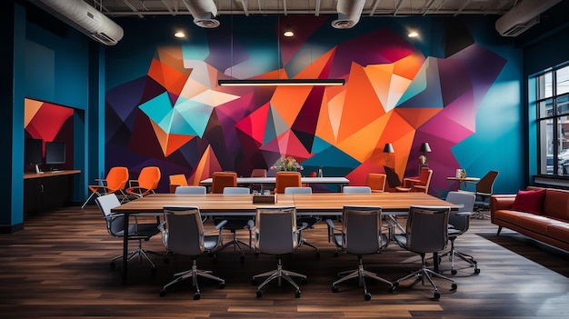 A meeting room with an original and imaginative layout and bright colours