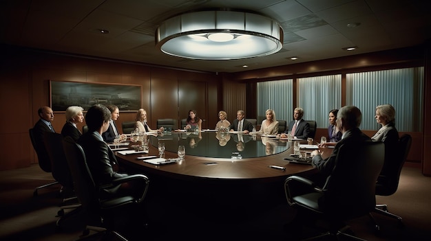 A meeting room with people around a table