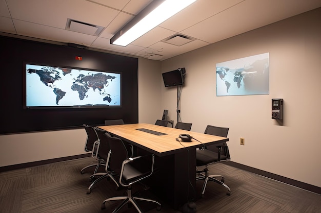 Meeting room with video conference capabilities for connecting to other locations around the world