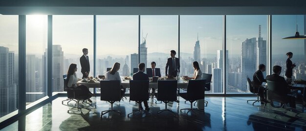 a meeting room with a view of the city