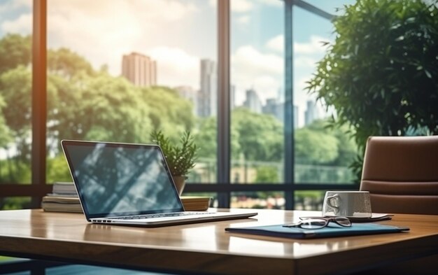 Photo meeting room and workplace with notebook laptop comfortable work table in office windows