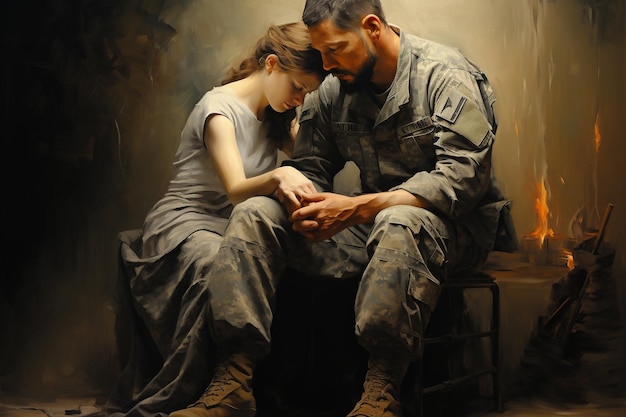 The meeting of a soldier with his beloved woman the embrace of loved ones after a long separation the soldier39s return home the happiness of touching and hugging longawaited separation