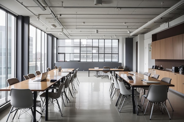 Meeting table with laptops and coffee in empty office room