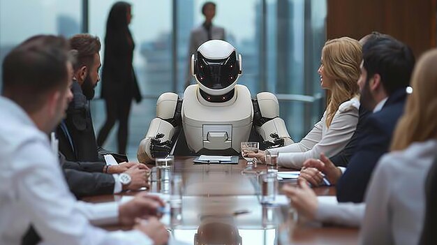 A meeting with focused business people is facilitated by a robot Generative Ai