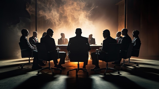 a meeting with a man in a suit sitting in front of a large audience.