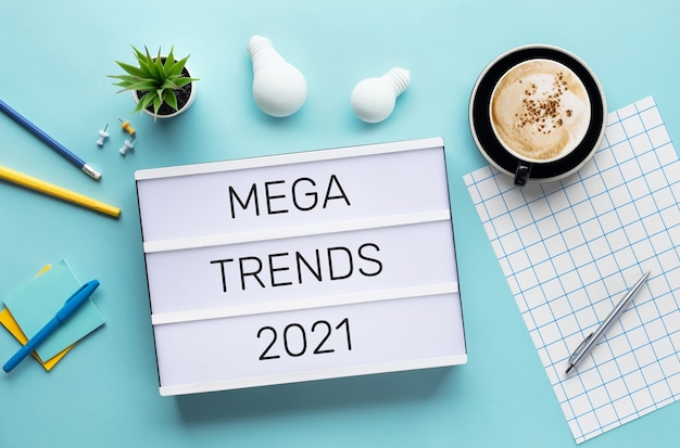 Mega trends of 2021 concepts with text on lightbox.