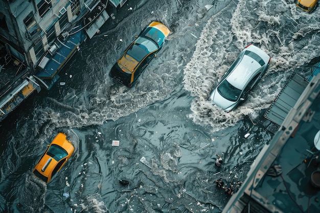 Photo megafloods in city big flooding people on roofs floating cars in flood city