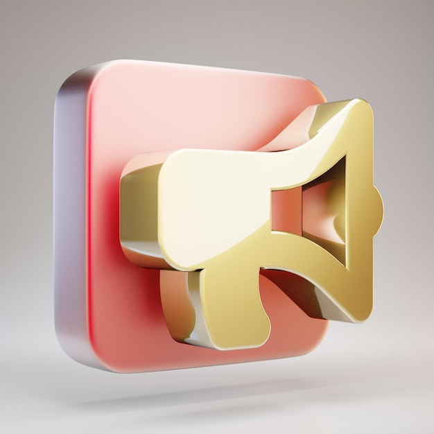 Megafoon pictogram. Gouden Bullhorn-symbool op rode matte gouden plaat. 3D-gerenderde sociale mediapictogram.