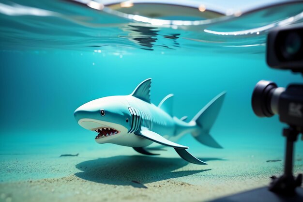 Foto squalo megalodon con denti affilati pericoloso sottomarino oceano pericoloso squalo sfondo carta da parati