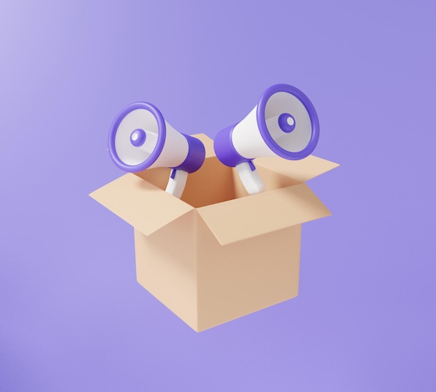 Megaphone amplifier talk or open box parcel floating on purple background shopping delivery logistic minimal cartoon discount promotion sale concept 3d render illustration