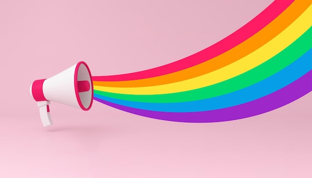 Megaphone Announcement on Pink Background with pride rainbow flag